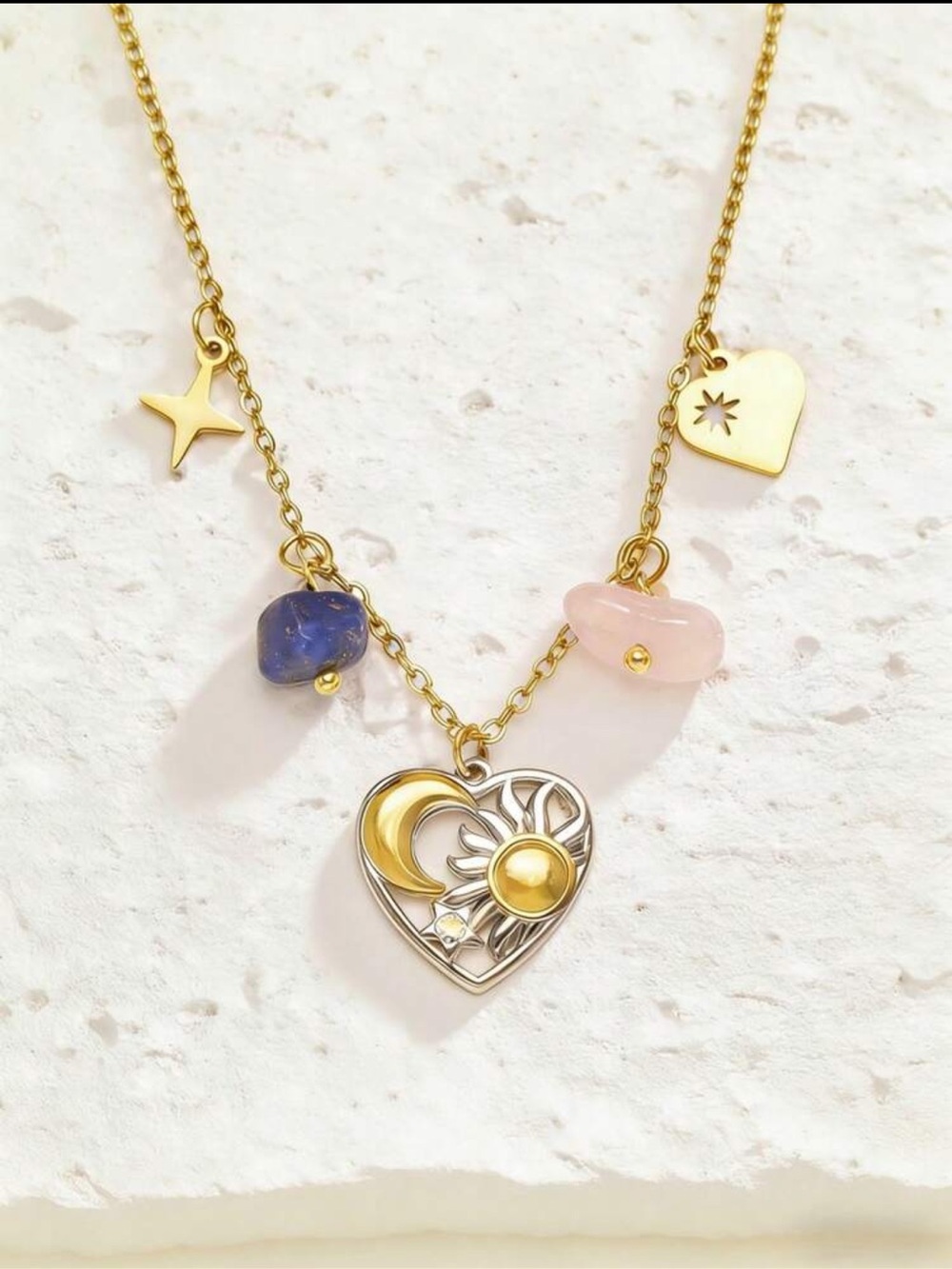 Gold Heart Sun & Moon Pendant Necklace with Rose Quartz and Blue Charm